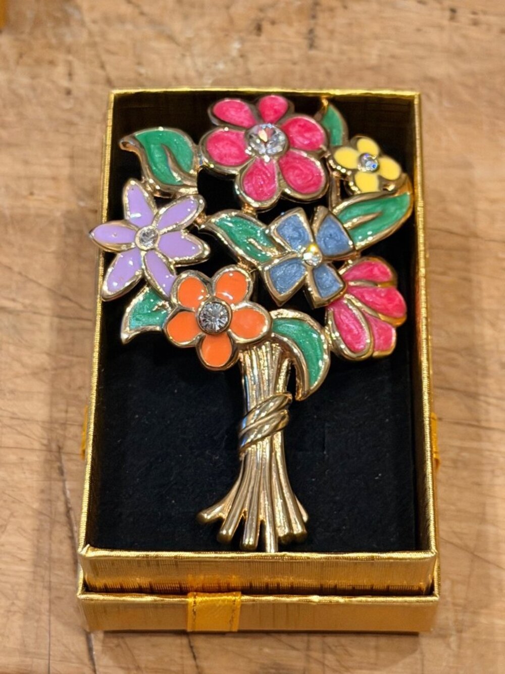 ROLAND Vintage Gold Tone Floral Brooch With Colorful Enamel & Rhinestone Accents